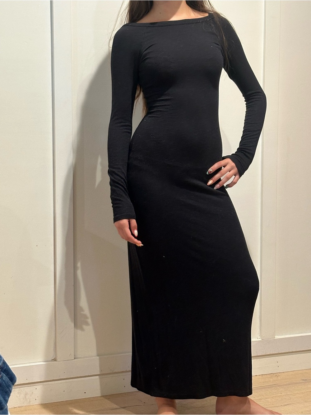 aerie Black Long Sleeve Maxi Dress - Slim Boatneck
